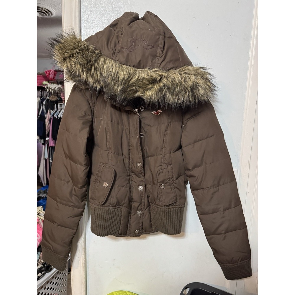 Vintage Brown Fur Hooded Hollister Women's Puffer Jacket Size M Y2K RARE HTF